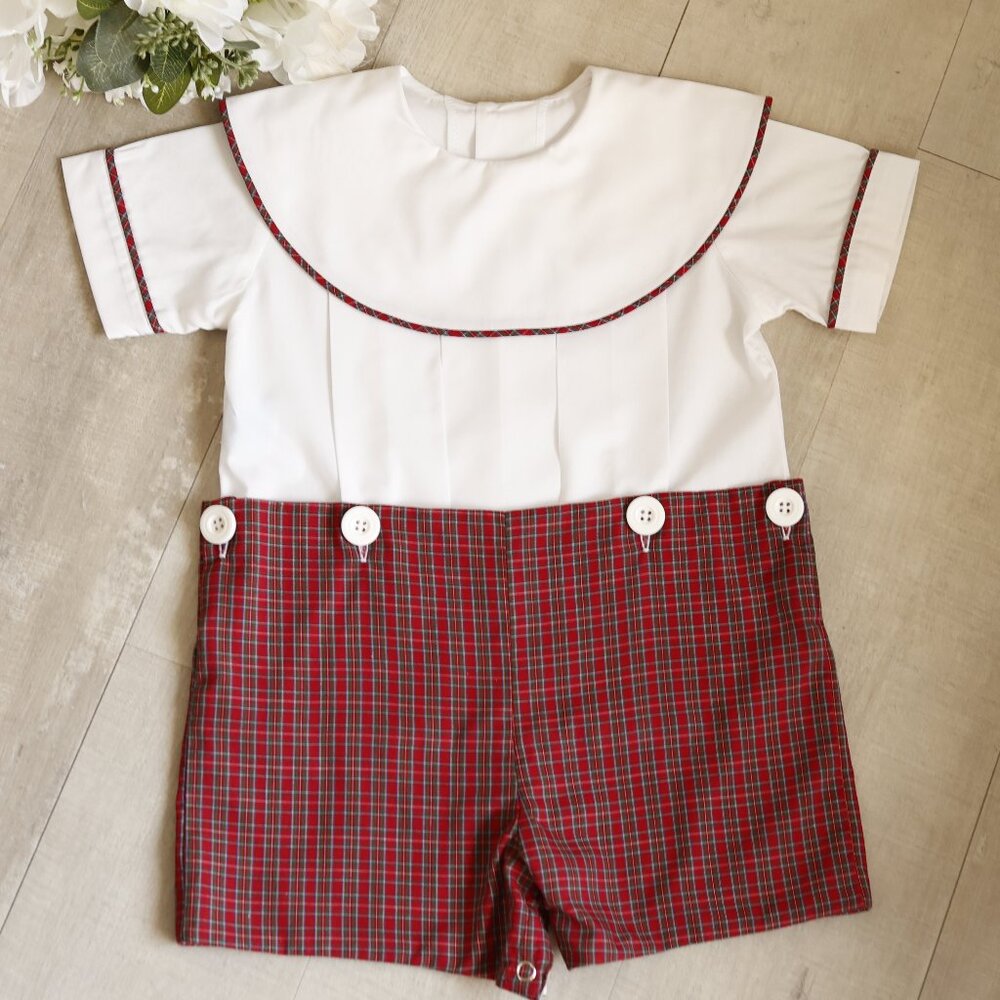 Red and White Bobby Suit Tartan Plaid Optional Monogram Collar Boutique 2T NWOT
